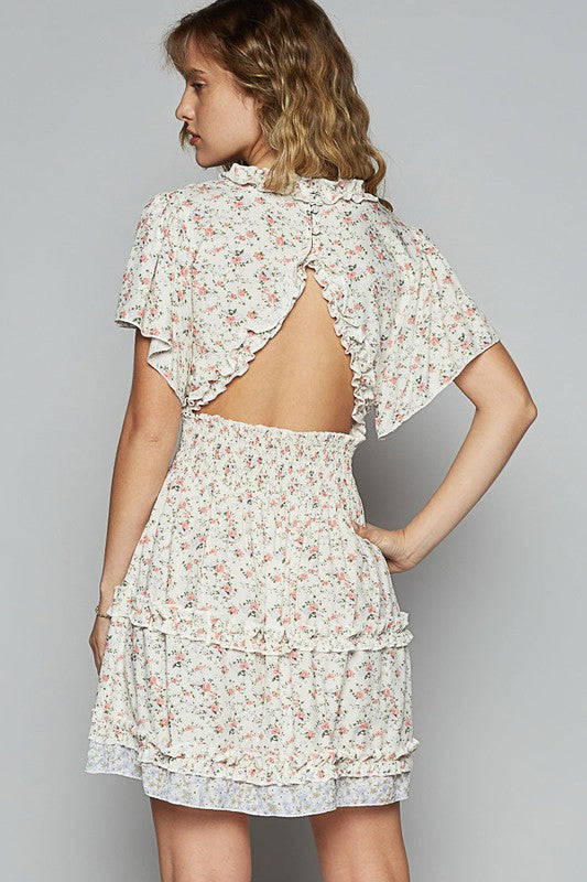 POL Cutout Back Frill Floral V-Neck Short Sleeve Mini Dress