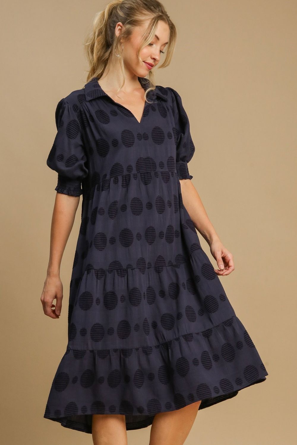 Umgee Swiss Dot Jacquard Tiered Midi Dress