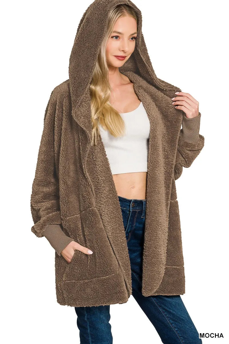 Hooded Faux Fur Jacket with Pockets – Cozy & Stylish Winter Outerwear