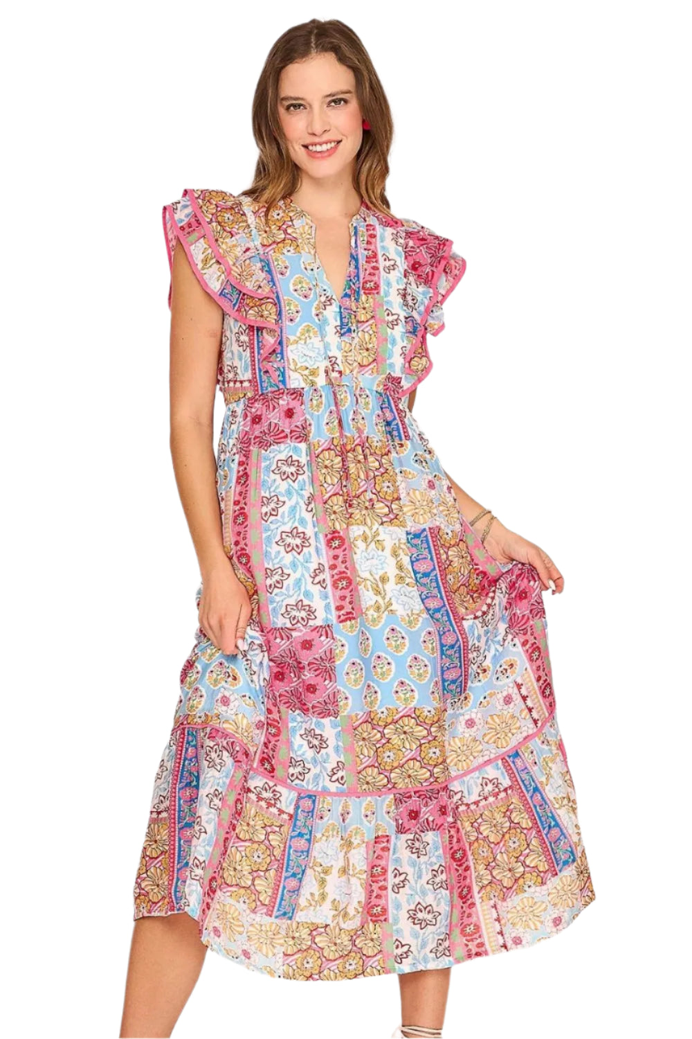 Umgee Tie Neck Double Layered Ruffle Sleeve Midi Dress