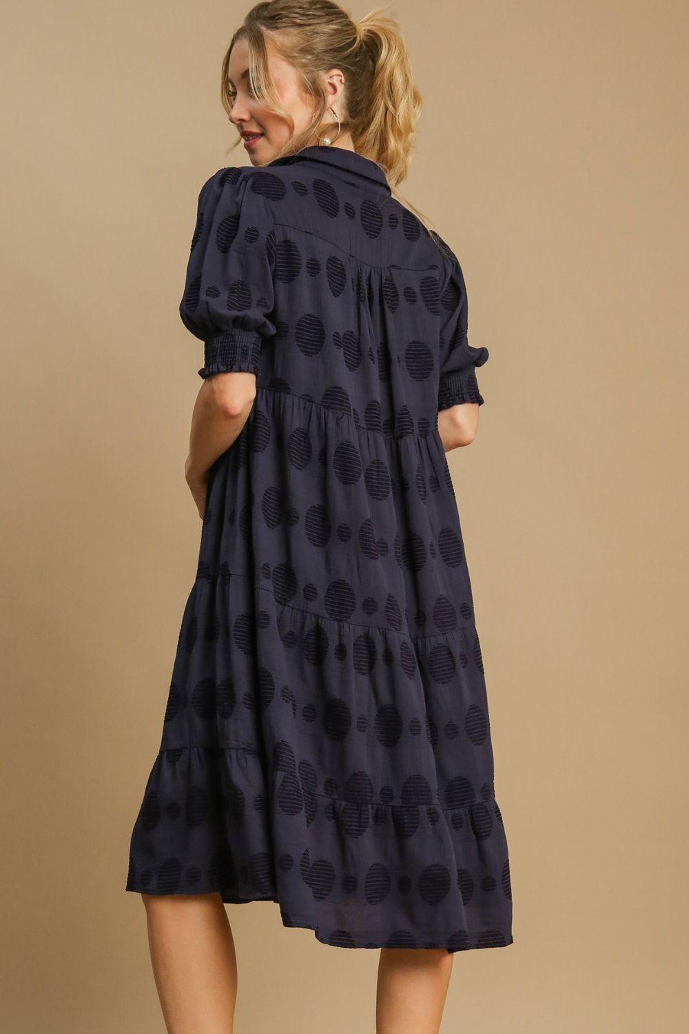 Umgee Swiss Dot Jacquard Tiered Midi Dress