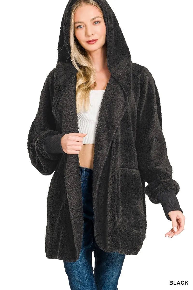 Hooded Faux Fur Jacket with Pockets – Cozy & Chic Winter Outerwear