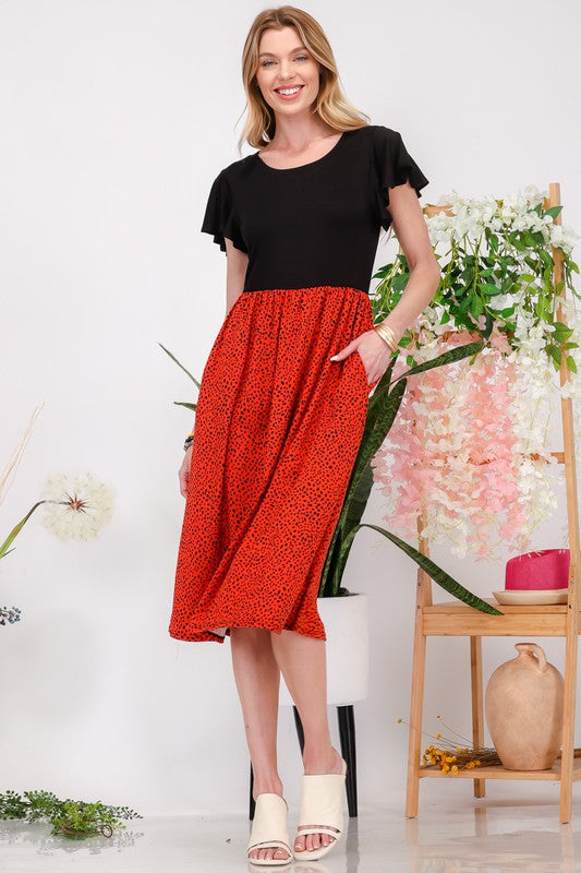 Celeste Two Tone Animal Print Flutter Sleeve Midi Dress