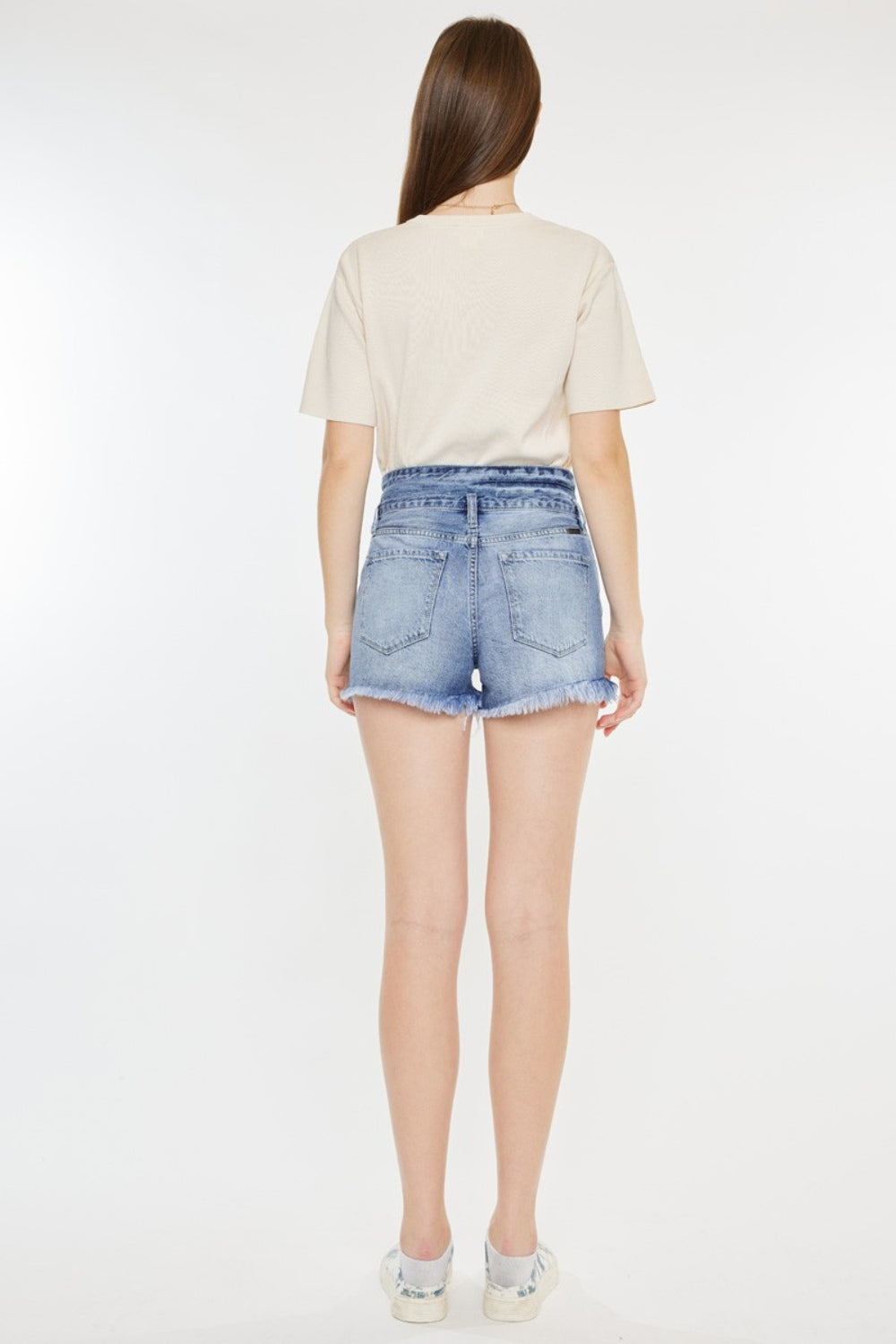 Kan Can High Rise Frayed Hem Denim Shorts