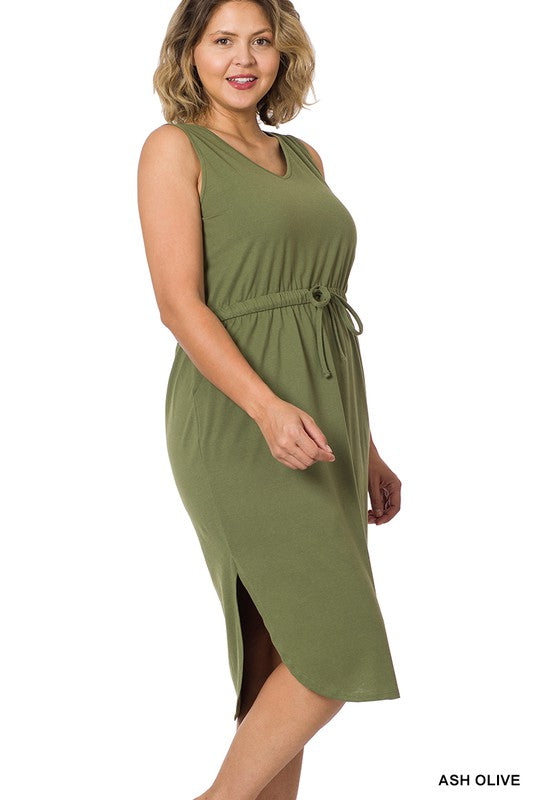 Zenana Drawstring Waist Curved Hem Dress