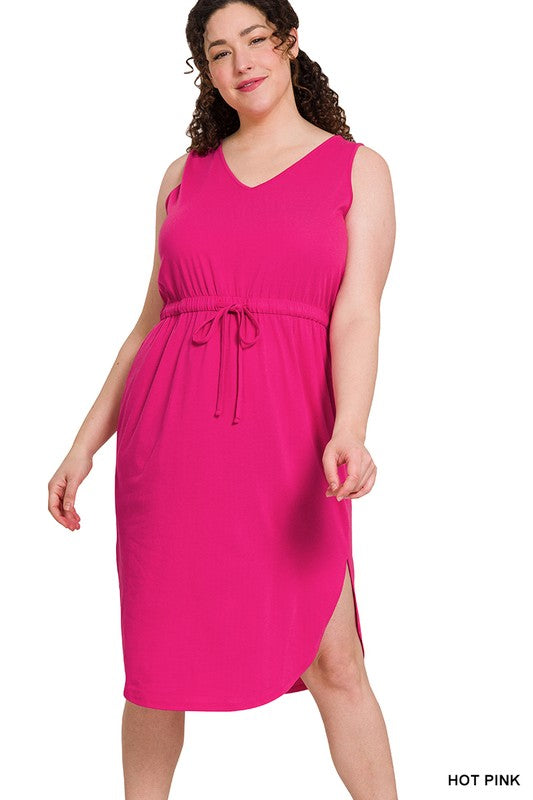 Zenana Drawstring Waist Curved Hem Dress