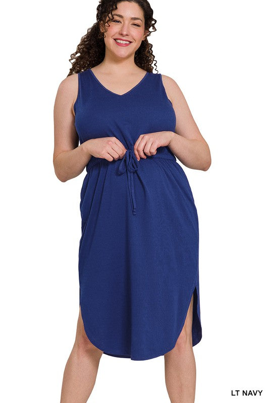 Zenana Drawstring Waist Curved Hem Dress