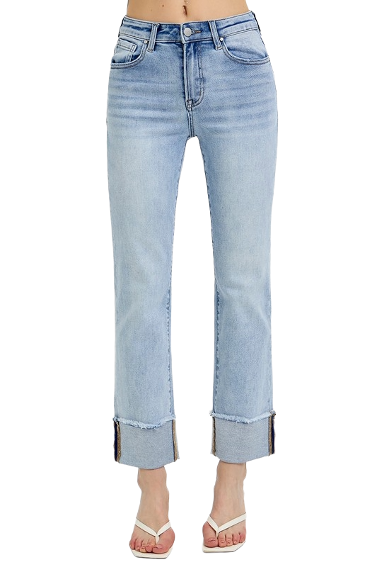 Dreamkue-Risen Women’s High Rise Straight Leg Cuffed Relaxed Fit Jeans Casual Stretch Denim Pants