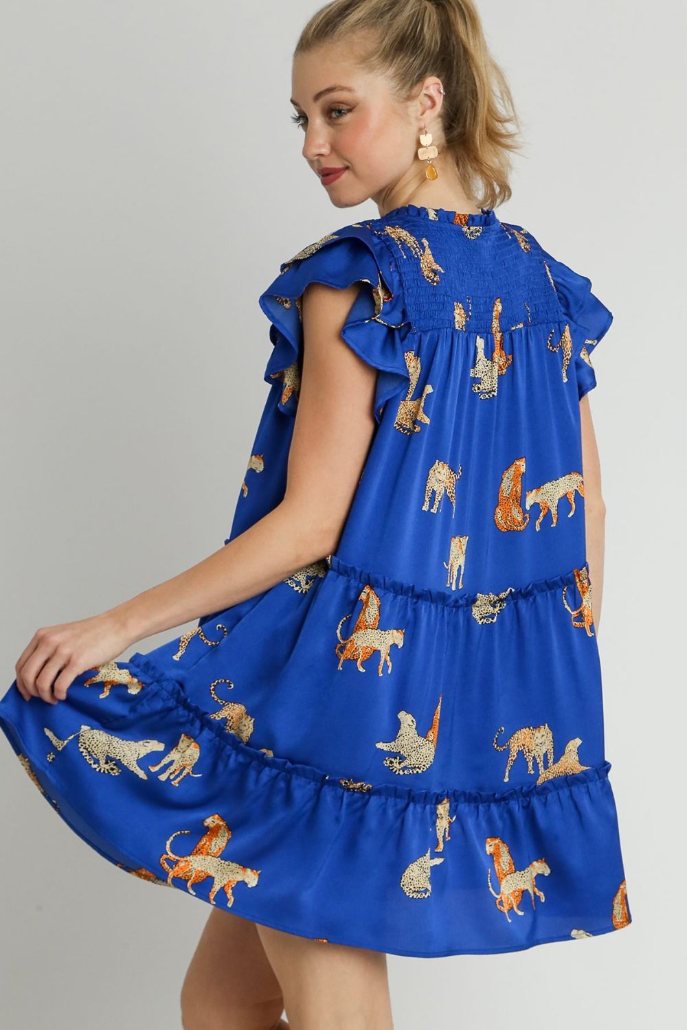 Umgee Cheetah Print Notched Ruffle Layered Cap Sleeve Mini Dress