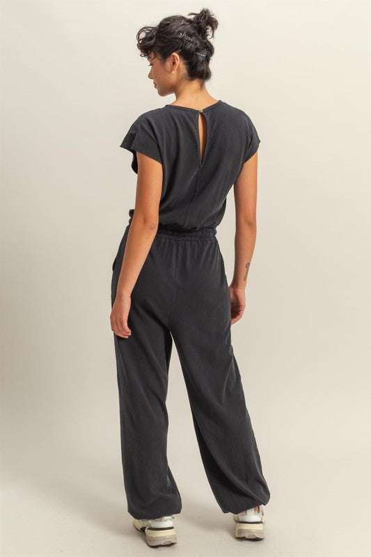 HYFVE Back Keyhole Round Neck Cap Sleeve Drawstring Jumpsuit
