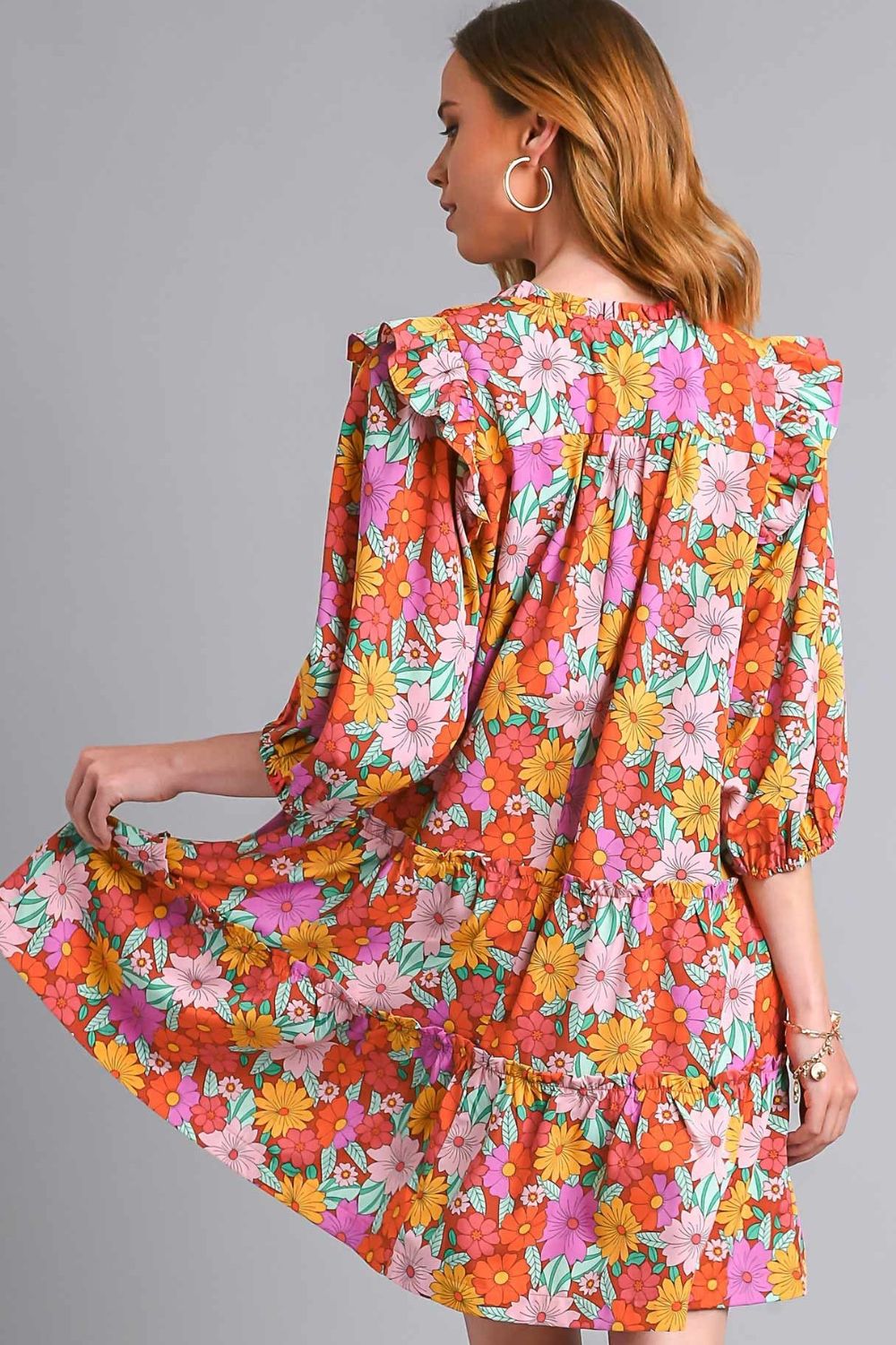 Umgee Ruffled Flower Print Tie Neck Tiered Dress