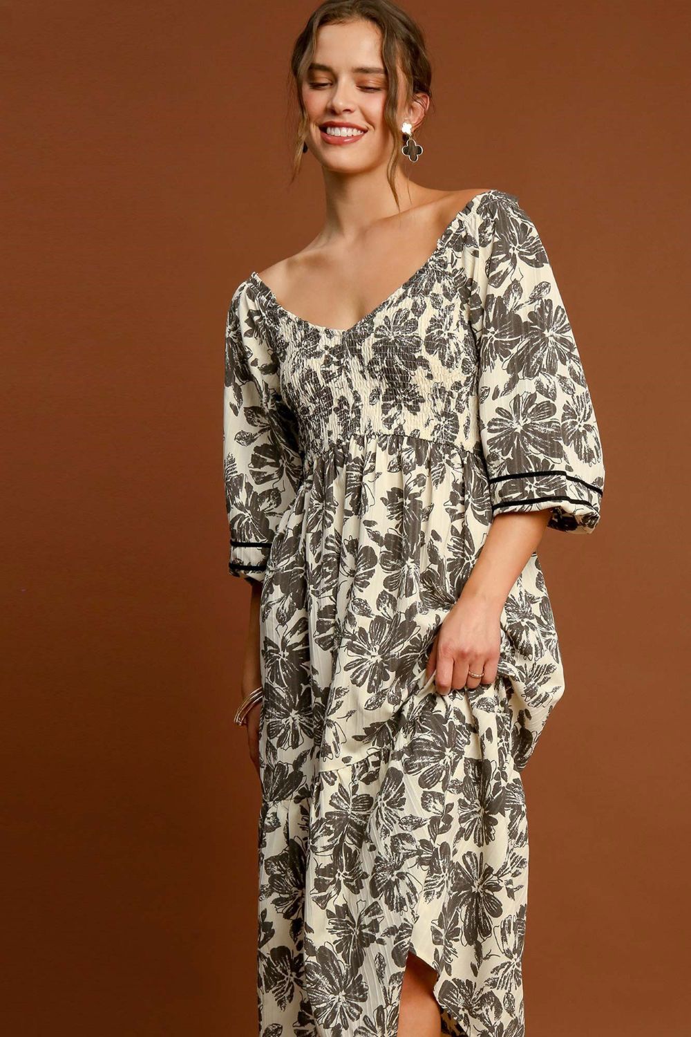 Umgee Ruffle Hem Flower Printed V Neck Dress