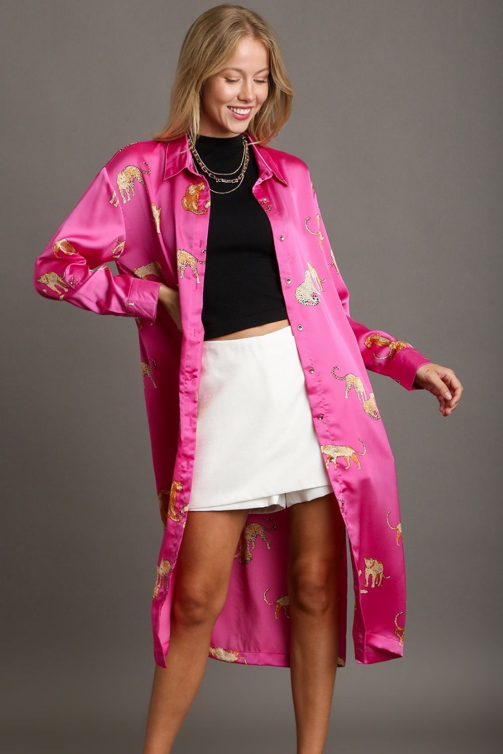 Umgee Animal Print Button Down Midi Shirt Dress