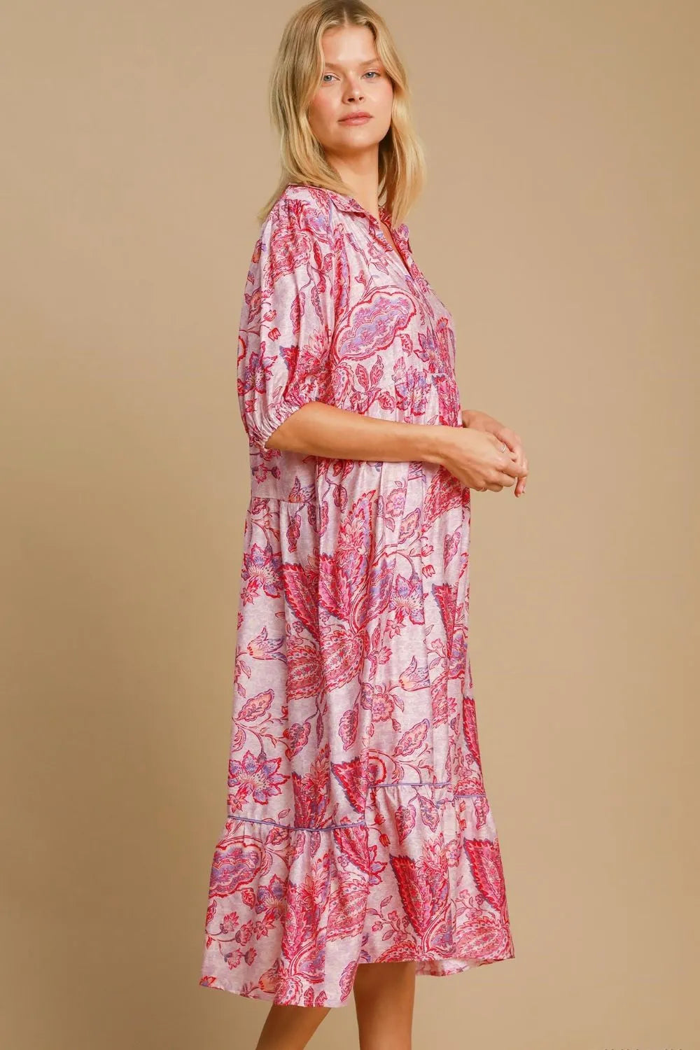 Umgee Ruffled Hem Floral Paisley Print Half Sleeve Midi Dress