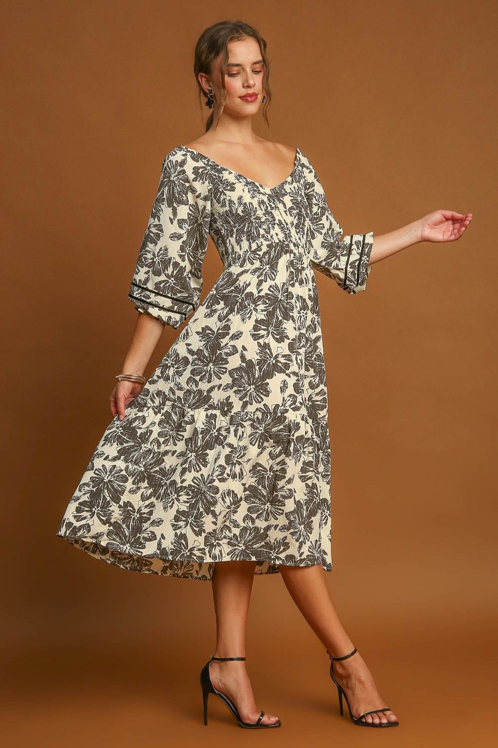 Umgee Ruffle Hem Flower Printed V Neck Dress