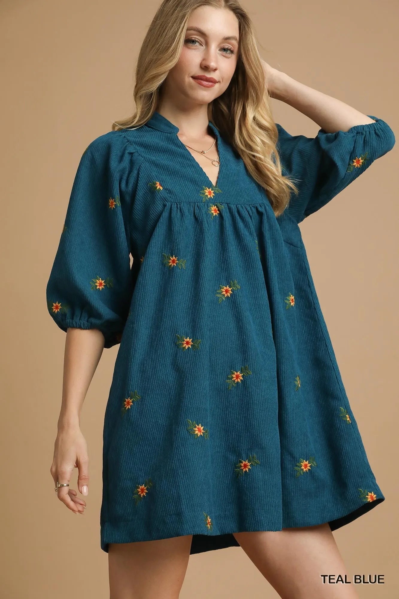 Teal Embroidered Peasant Dress – V-Neck Mini with Puff Sleeves