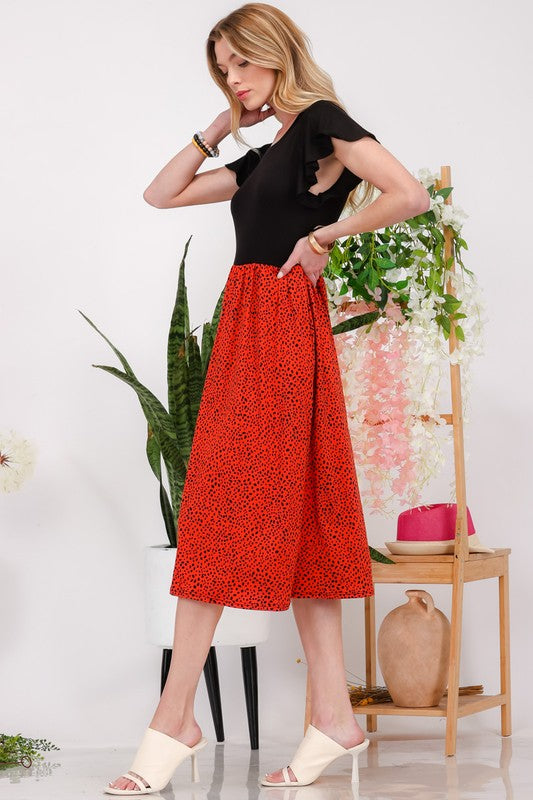 Celeste Two Tone Animal Print Flutter Sleeve Midi Dress