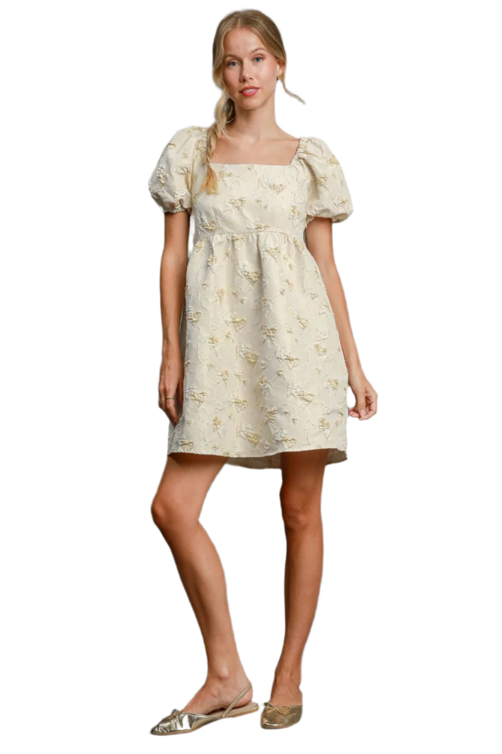 Umgee Heart Jacquard Square Neck Puff Sleeve Mini Dress