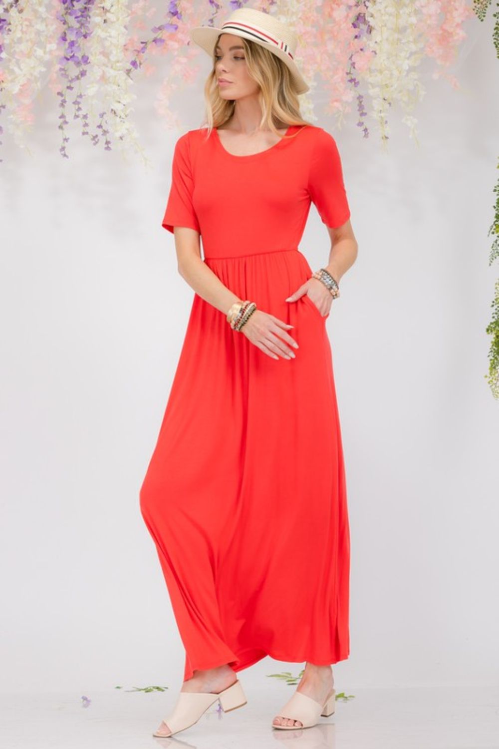 Celeste Round Neck Short Sleeve Maxi Dress with Pockets