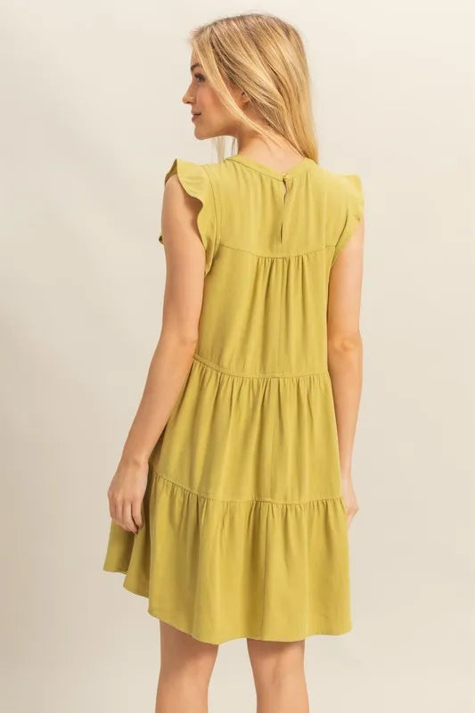 HYFVE Round Neck Ruffle Sleeve Tiered Dress