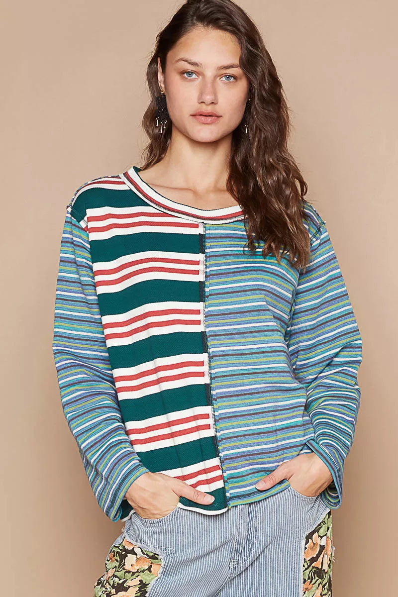 Color Block Striped Round Neck Long Sleeve T-Shirt – Casual Chic
