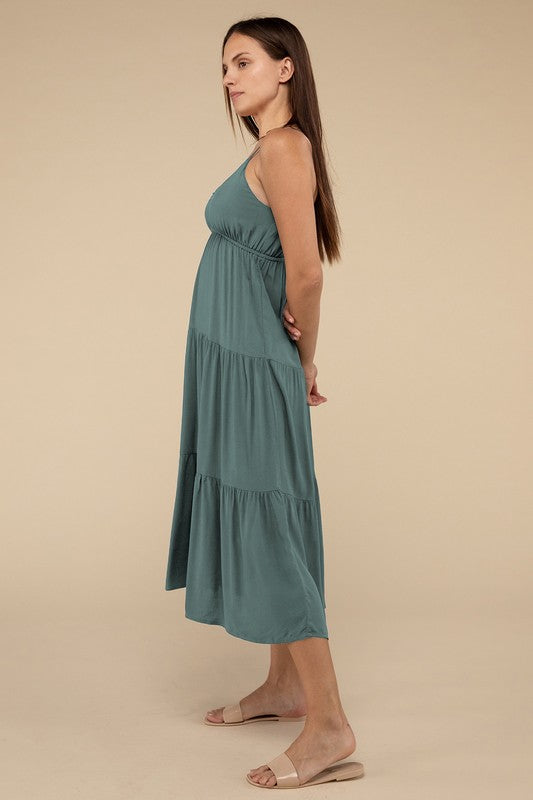 Zenana Woven Sweetheart Neckline Tiered Cami Midi Dress