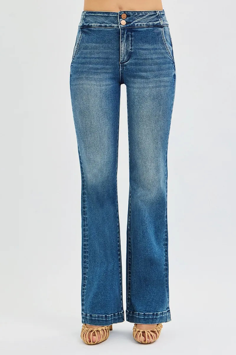 Tummy Control High Rise Bootcut Jeans – Slimming Double Button Fit