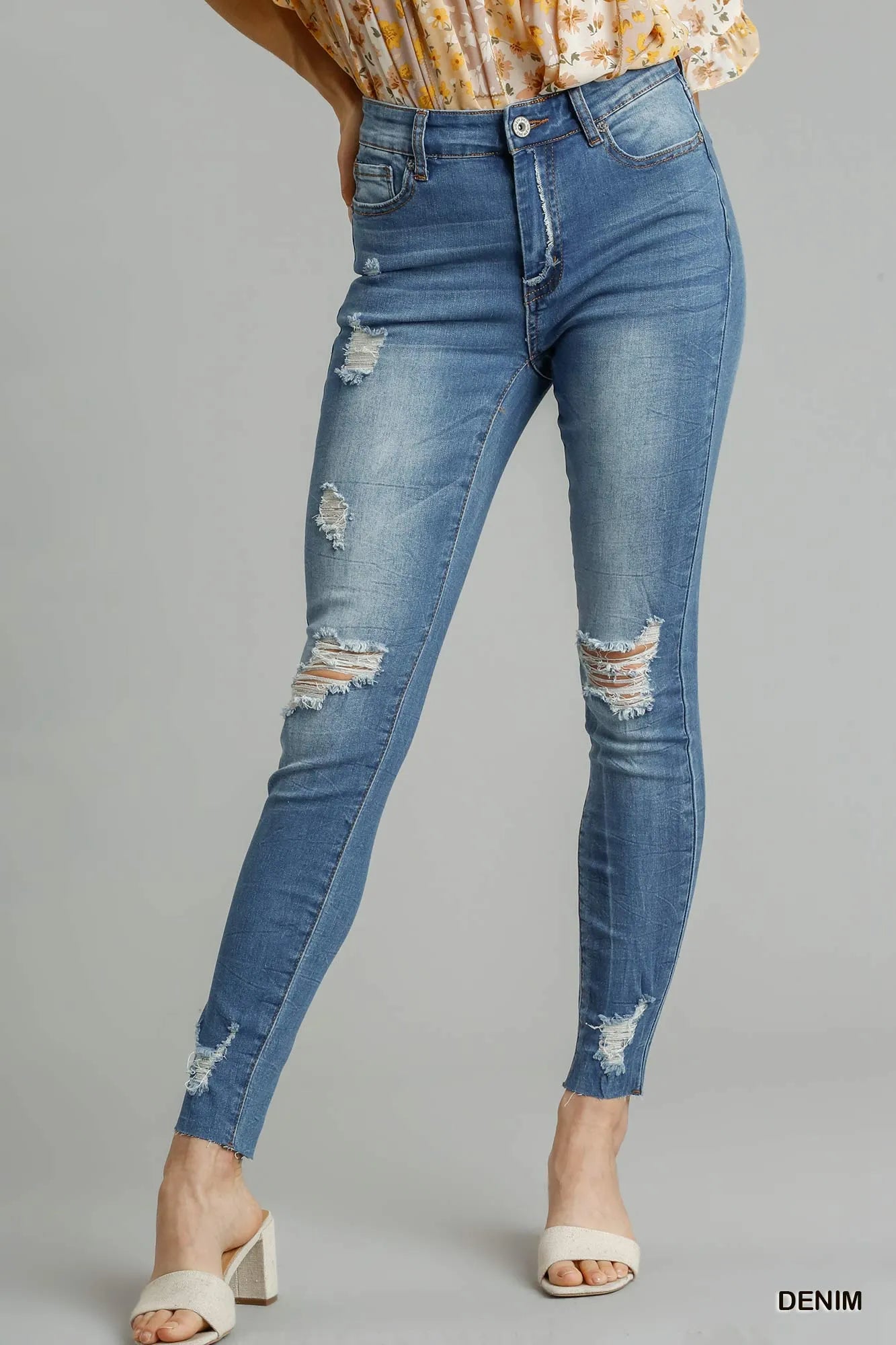 Distressed Stretch Denim Skinny Jeans – Unfinished Hem Trendy Fit