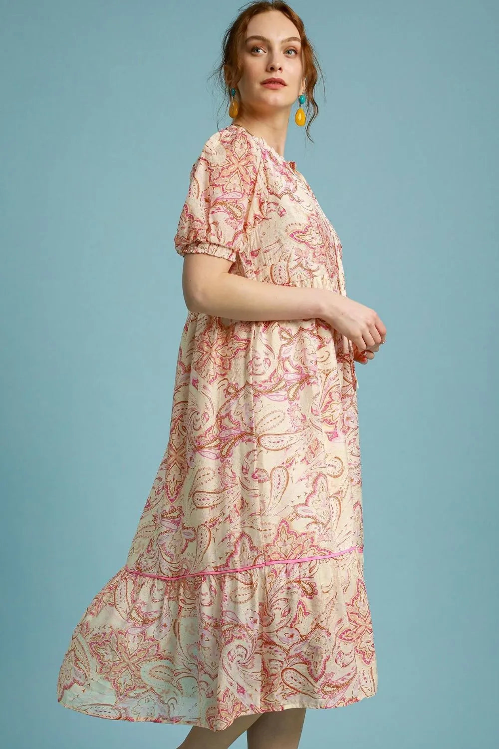 Umgee Printed Puff Short Sleeve Midi Dress