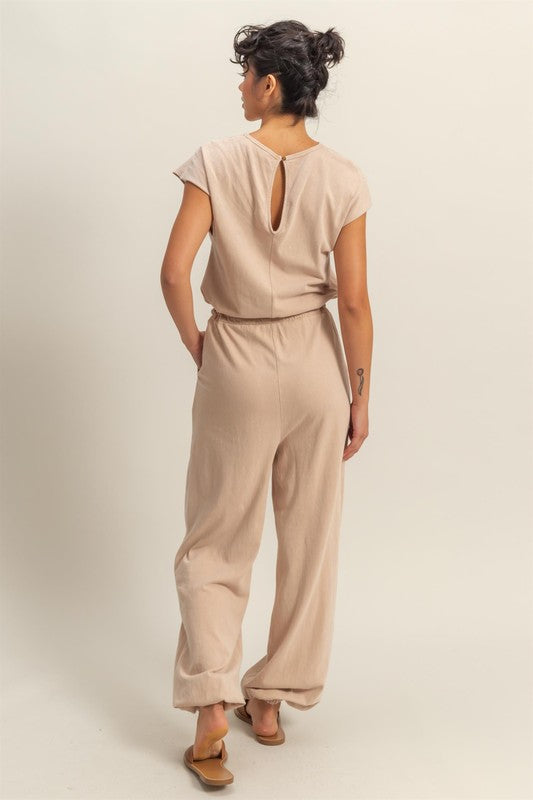 HYFVE Back Keyhole Round Neck Cap Sleeve Drawstring Jumpsuit
