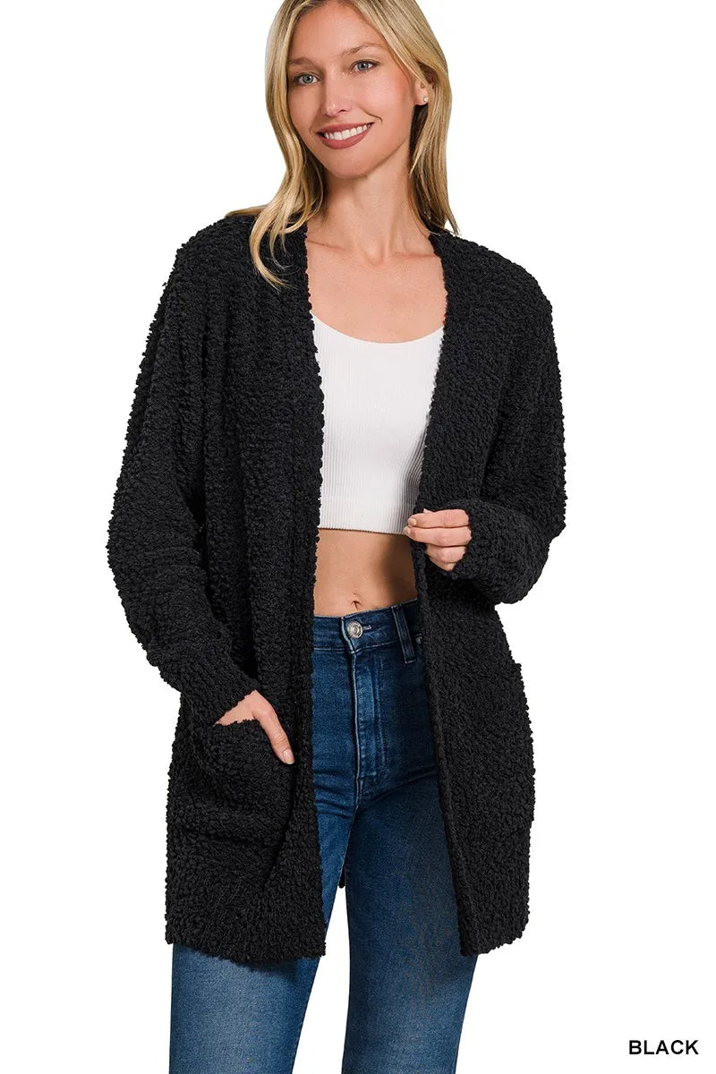 Popcorn Sweater Cardigan with Pockets – Cozy Long Sleeve Layer