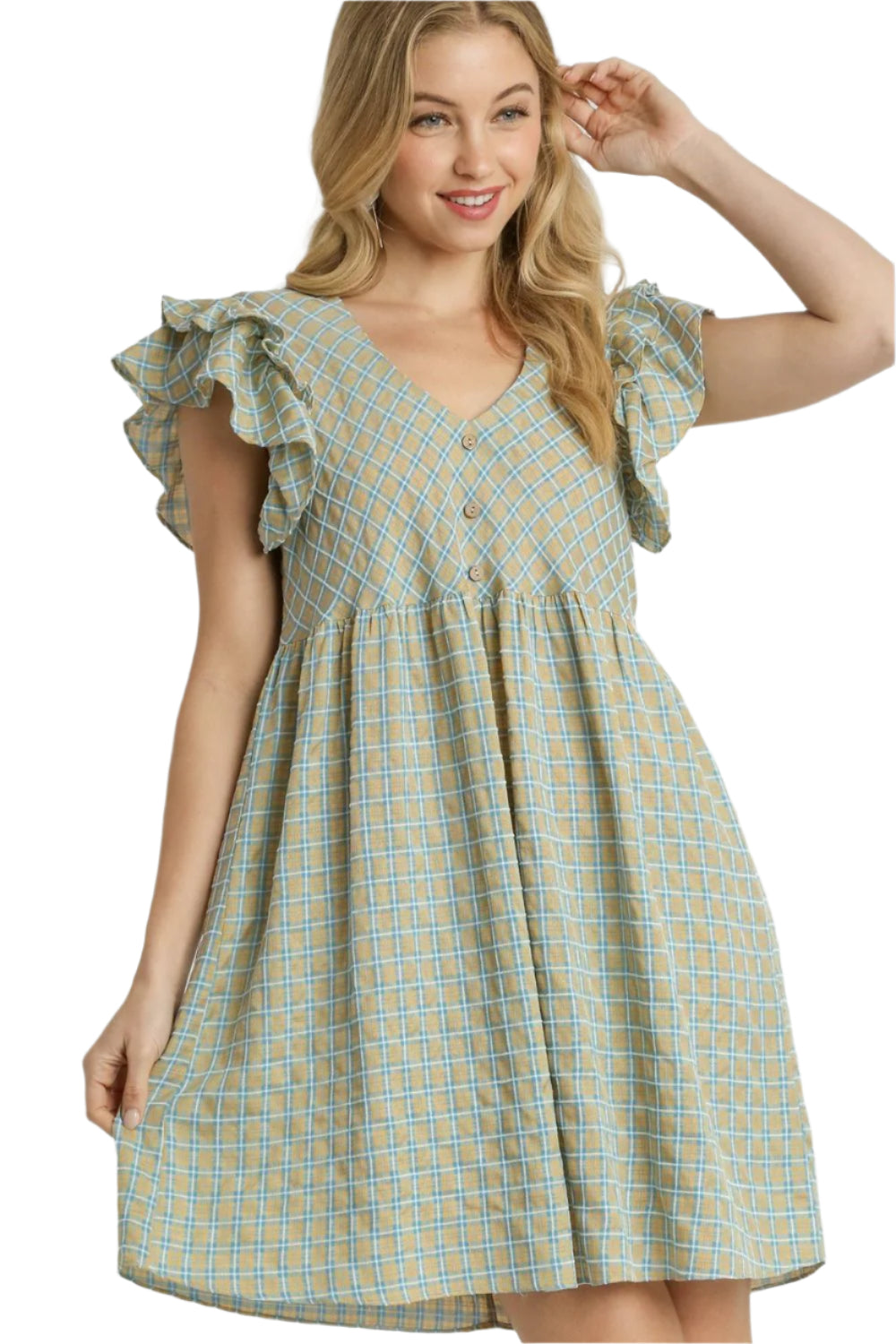 Umgee Plaid V-Neck Ruffle Cap Sleeve Dress