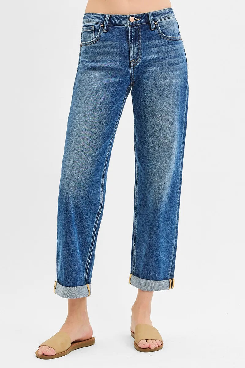 High-Waisted Straight Leg Jeans – Medium Wash Cuffed Denim
