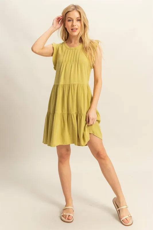 HYFVE Round Neck Ruffle Sleeve Tiered Dress
