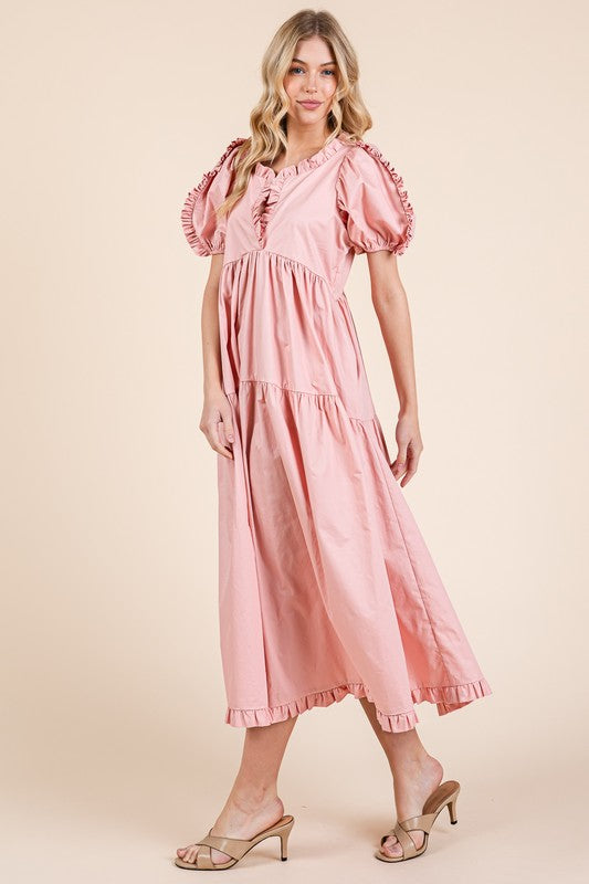 GeeGee Ruffle Trim Puff Sleeve Tiered Babydoll Midi Dress