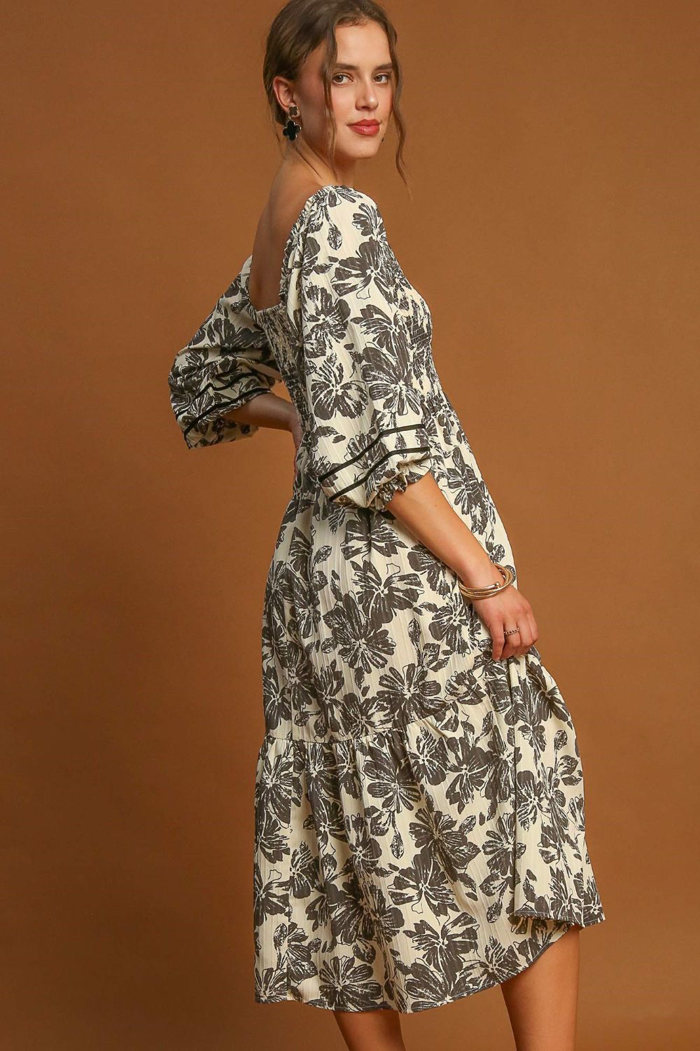 Umgee Ruffle Hem Flower Printed V Neck Dress