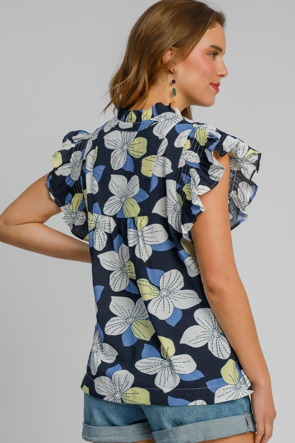 Umgee Floral Print Ruffled Cap Sleeve Babydoll Blouse