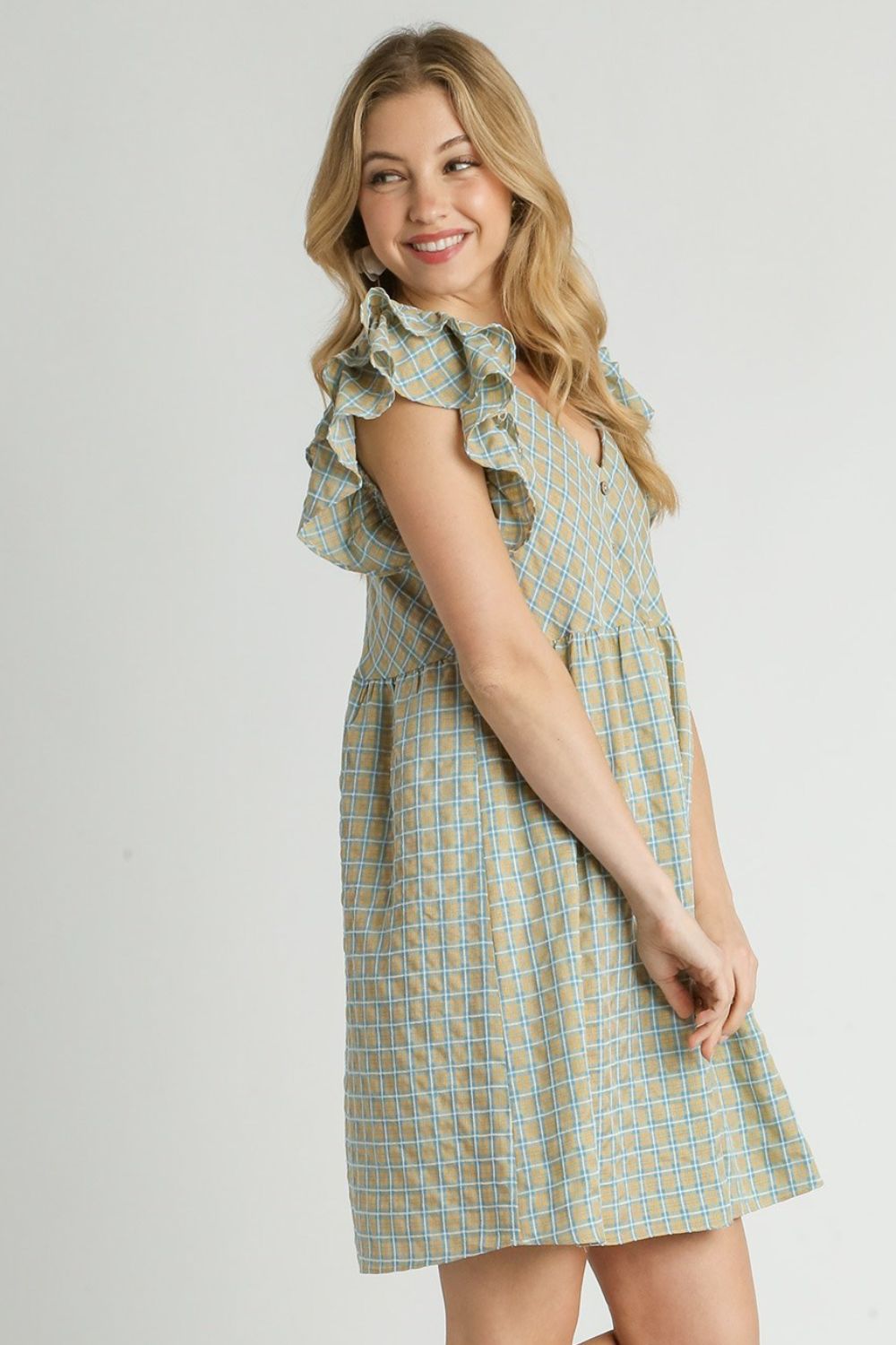 Umgee Plaid V-Neck Ruffle Cap Sleeve Dress