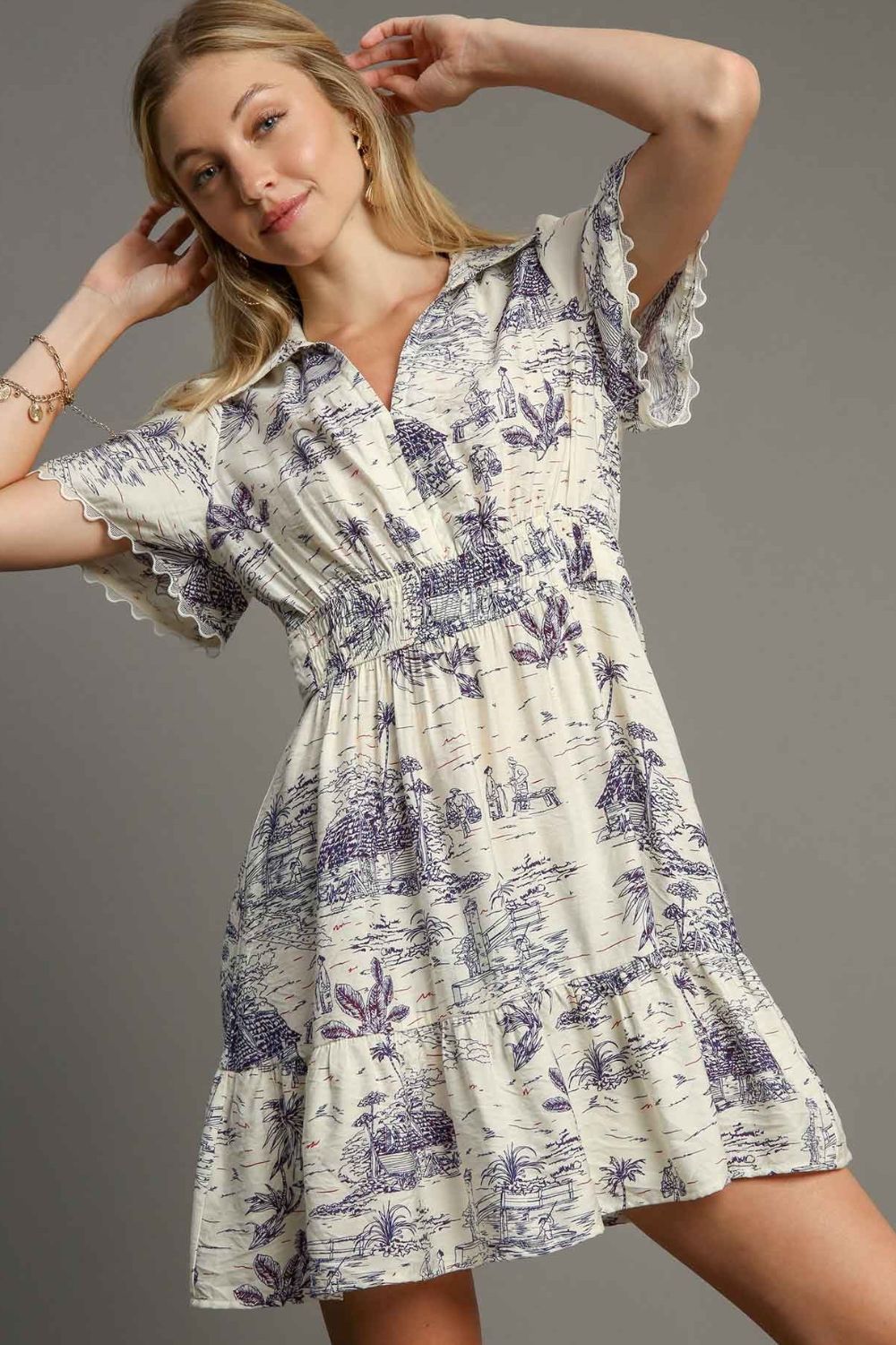 Umgee Landscape Print Collared Mini Dress