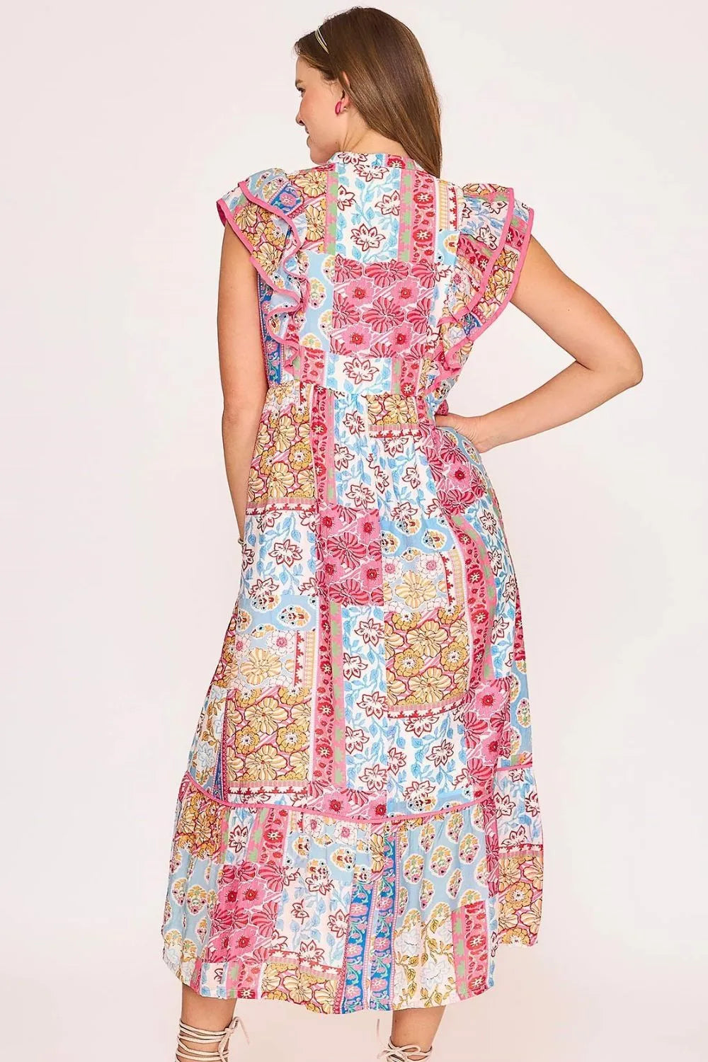 Umgee Tie Neck Double Layered Ruffle Sleeve Midi Dress