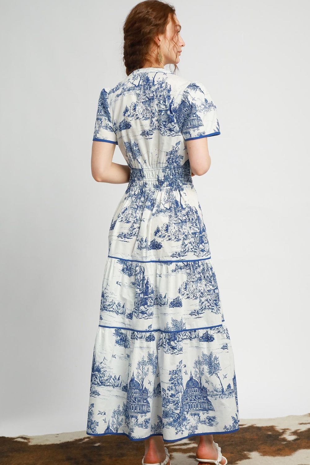 Umgee Landscape Print Short Sleeve Tiered Maxi Dress