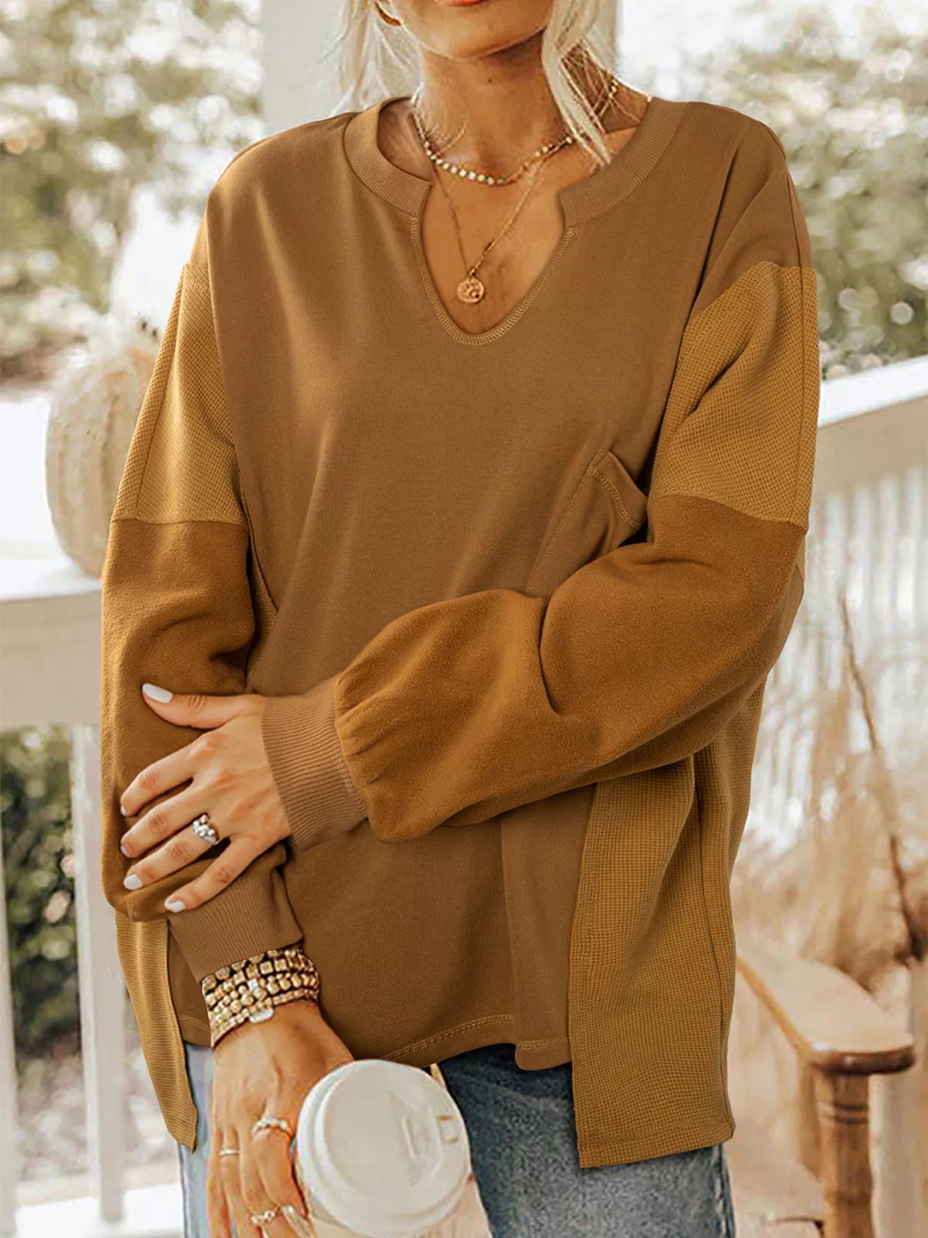 Oversized Textured Split Neck High Low Sweatshirt – Casual & Cozy