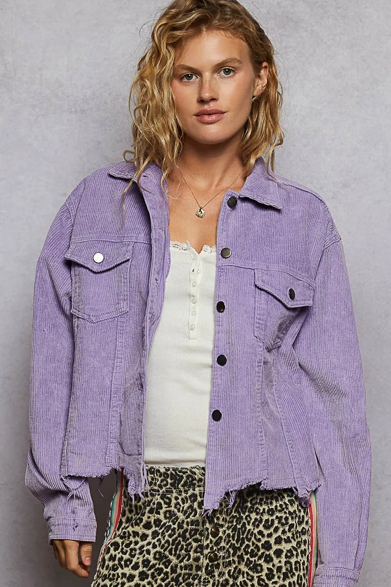 Button Down Corduroy Trucker Jacket – Relaxed Fit with Raw Hem