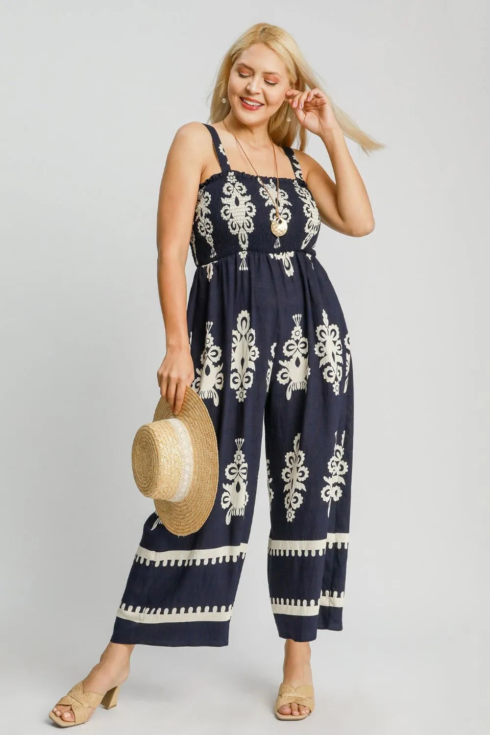 Umgee Smocked Printed Wide Leg Jumpsuit