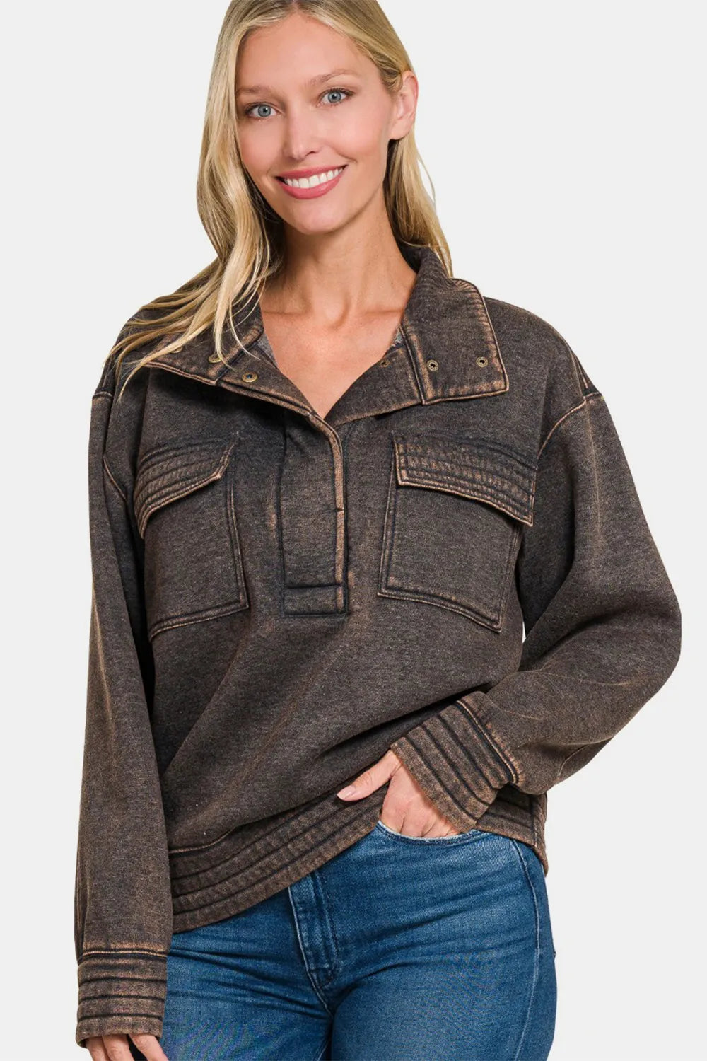 Acid Washed Half Snap Fleece Sweatshirt – Trendy Women’s Casual Pullover