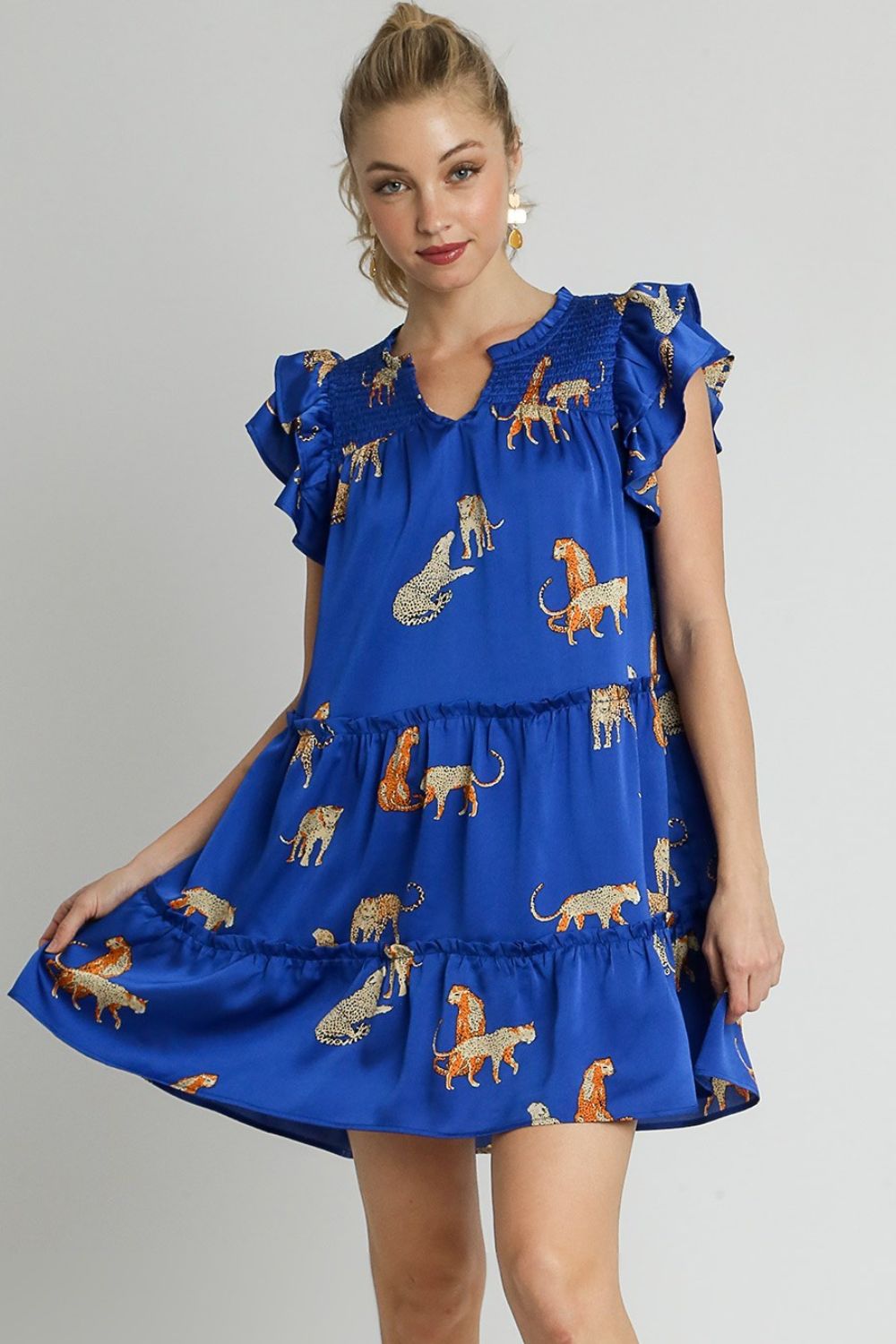 Umgee Cheetah Print Notched Ruffle Layered Cap Sleeve Mini Dress