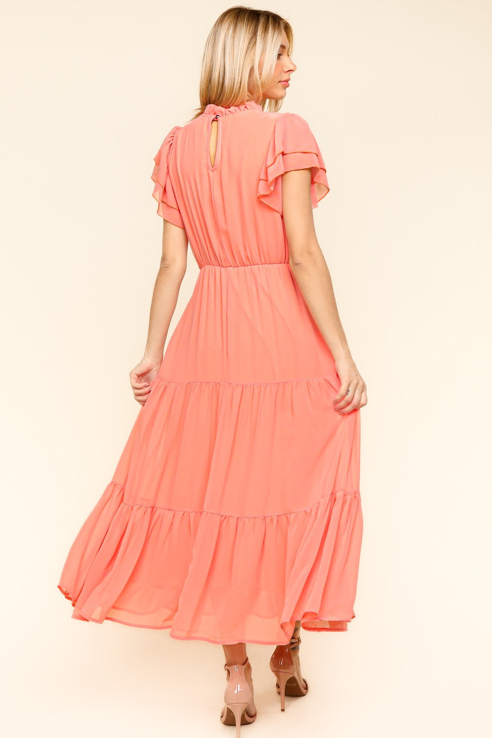 Haptics Tiered Frill Mock Neck Short Sleeve Dress