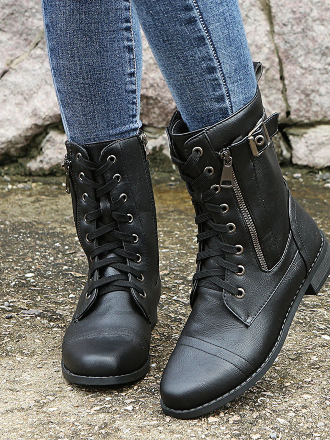 Lace-Up Boots with Side Zipper – Stylish Comfortable Ankle Boots