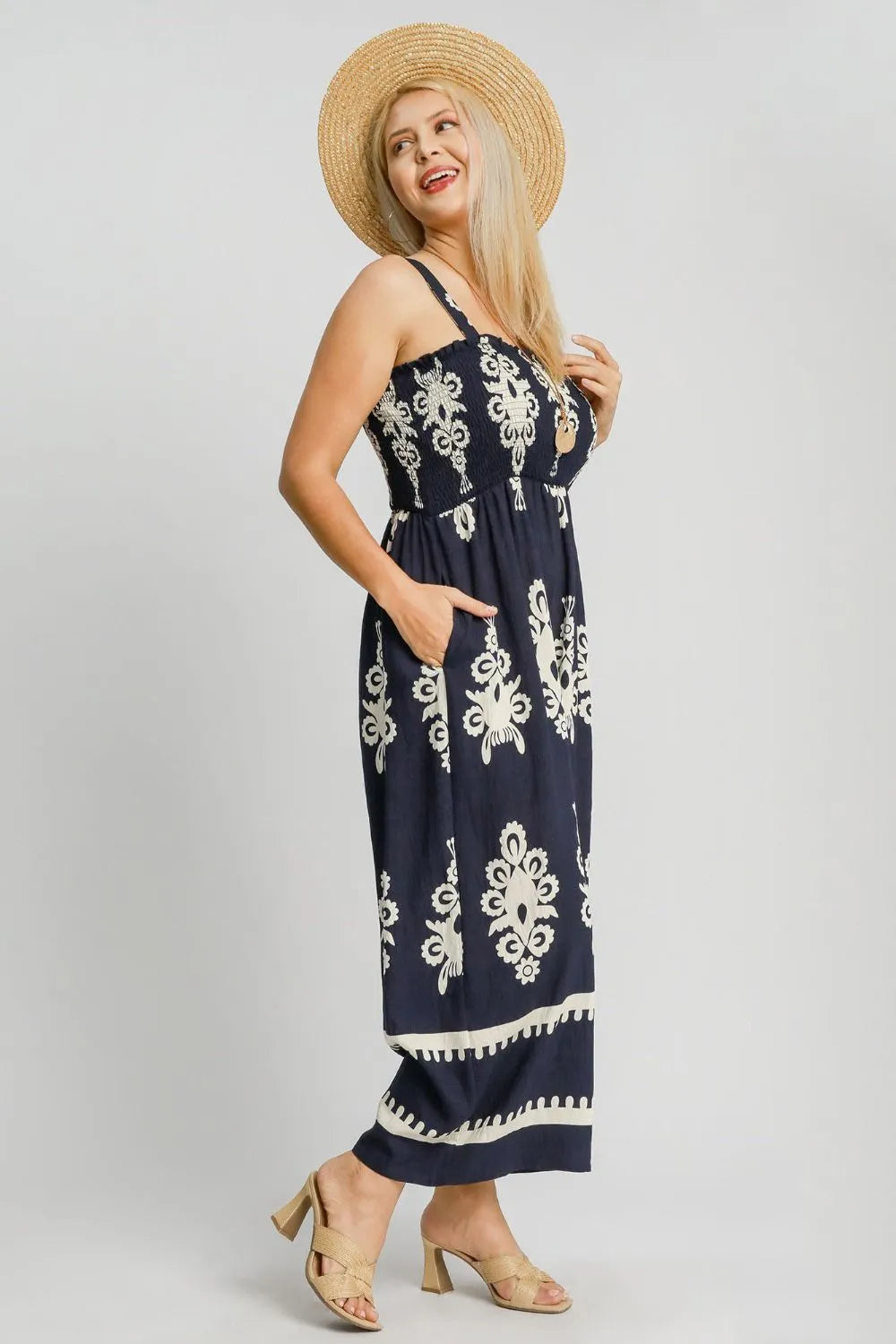 Umgee Smocked Printed Wide Leg Jumpsuit