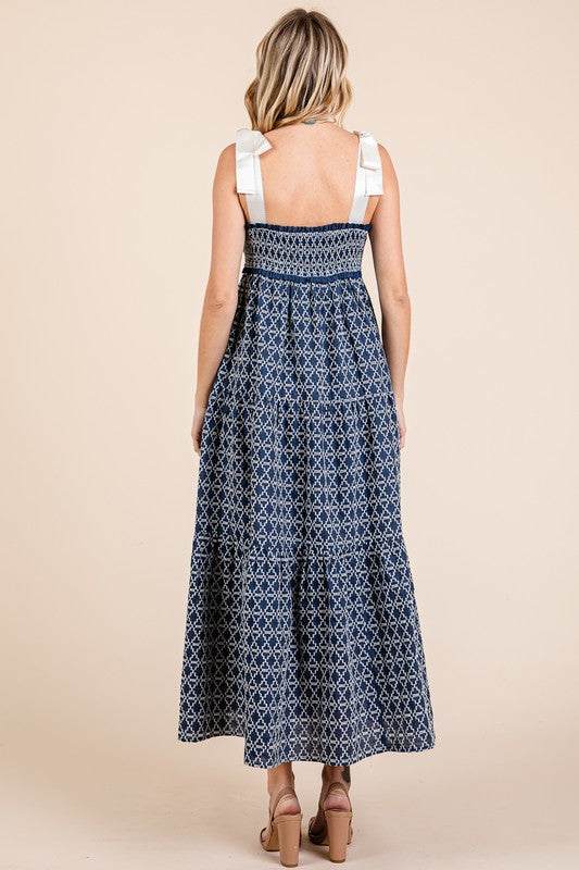 GeeGee Geometric Embroidered Smocked Tie Shoulder Midi Dress